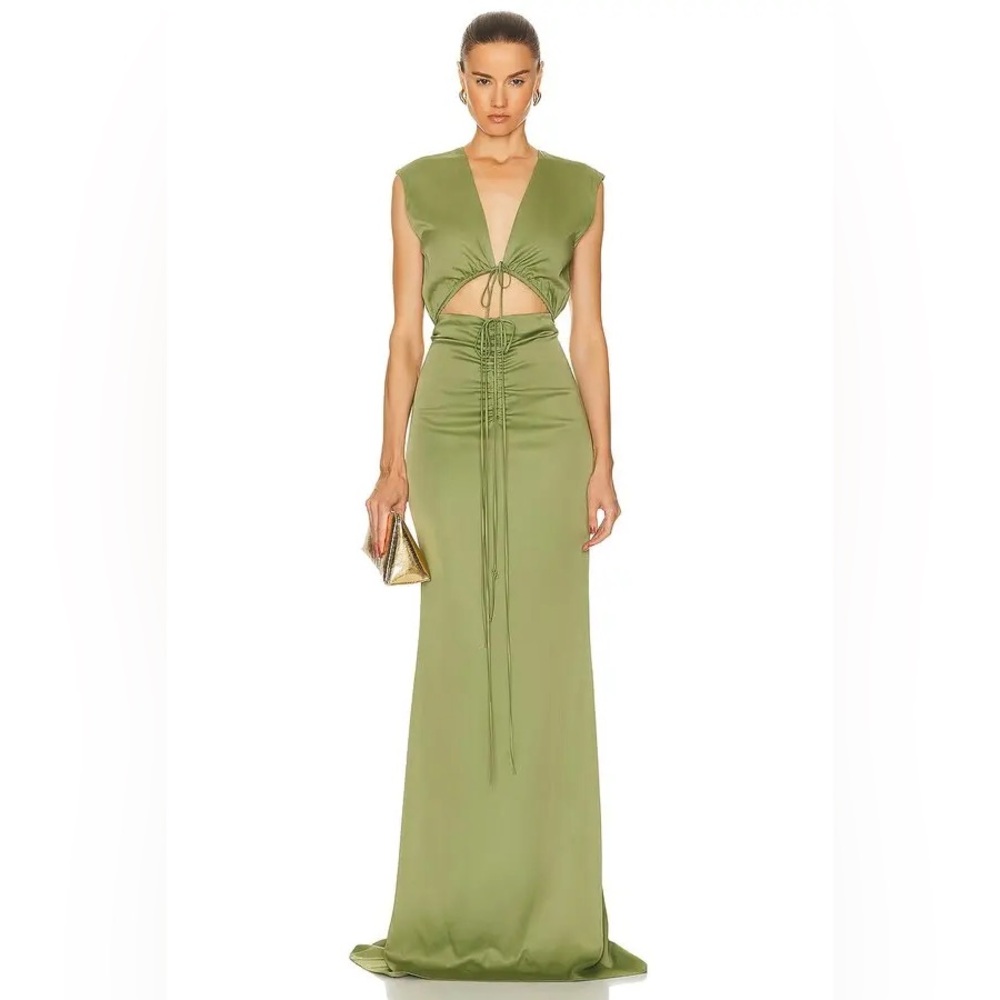 Lapointe Stretch Satin Shirred V-Neck Maxi Dress Olive